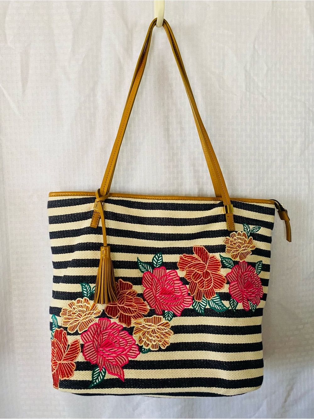 Chico’s Tote Purse Blue And Off White Stripes Colorful Floral Embroidered Front